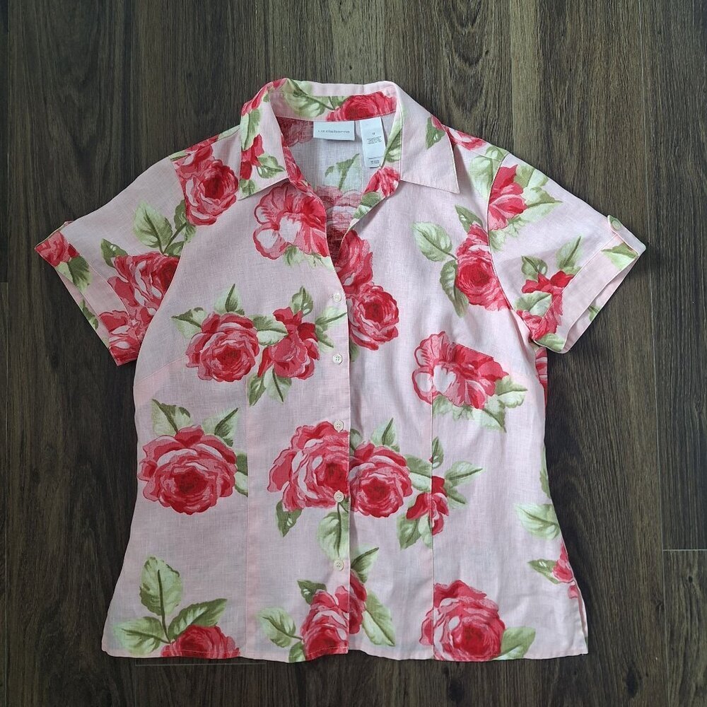 💙 Liz Claiborne 100% Linen Rose Print Preppy Blouse Size 10